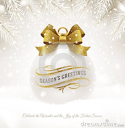 Christmas white bauble with glitter gold bow ribbon and greetings. Christmas ball on a snow. Vector Illustration